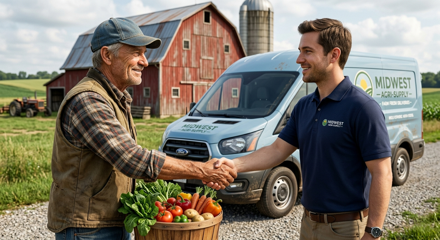 A smiling older man shakes hands with a younger man in front of a Midwest Agri-Supply van and a red barn. A wooden basket of fresh produce sits nearby.