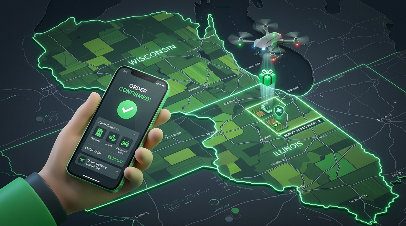 A hand holds a smartphone displaying "Order Confirmed!". A drone flies over a green Wisconsin/Illinois map, delivering a package.