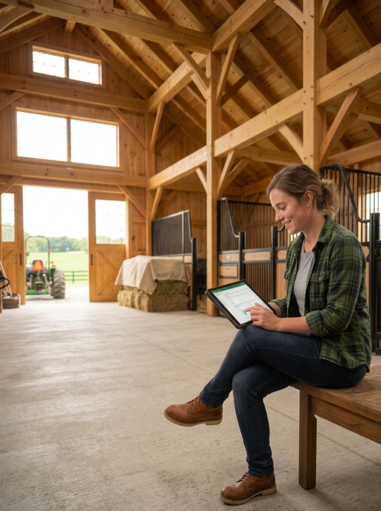 Woman sits on a wooden bench in a barn, using a tablet. Barn stalls with horses are visible. Wooden beams and windows surround the space.