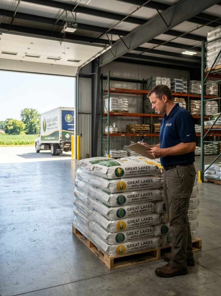 Man in blue polo checks paperwork next to stacked bags of Great Lakes Agra-Supp. Pallets are visible in a warehouse with shelves of bags. A truck is parked outside.