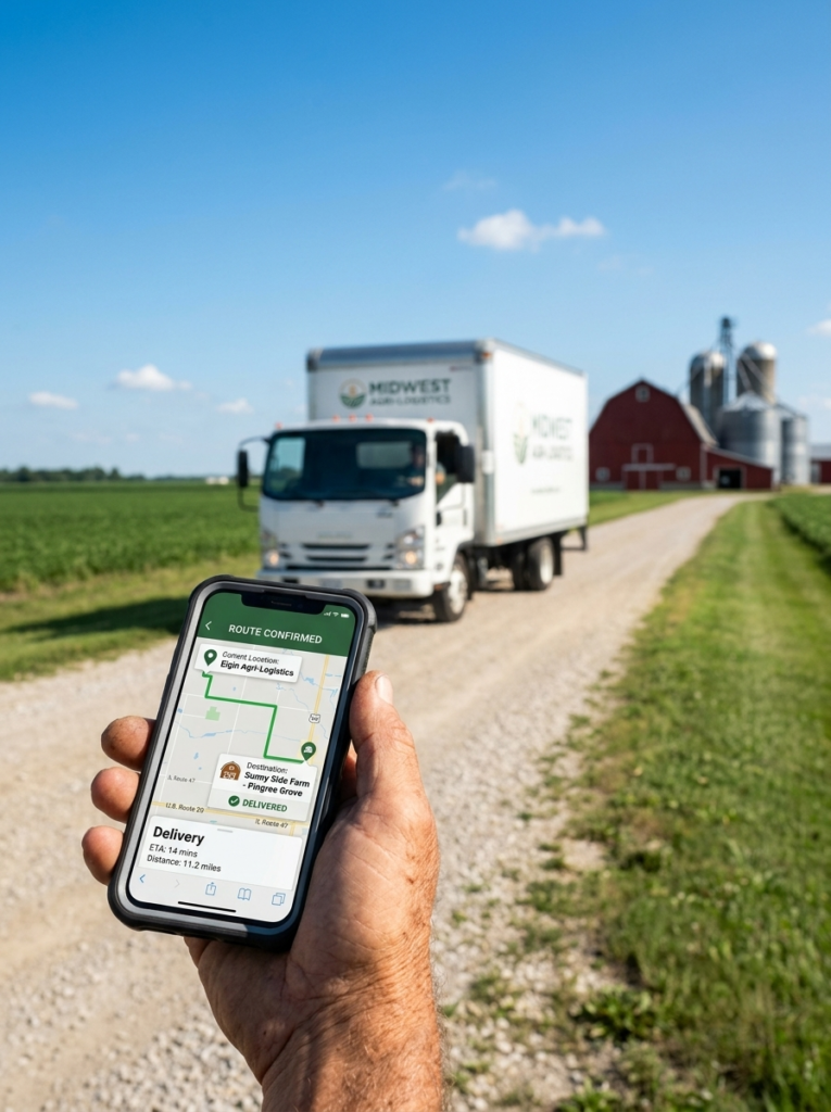 A hand holds a phone displaying a delivery route map. A Midwest Auto Logistics truck drives a dirt road toward a red barn with silos. Blue sky and fields are visible.