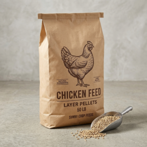 Brown burlap bag with "CHICKEN FEED" printed in black, a chicken illustration, and a scoop of pellets beside it on a concrete surface.