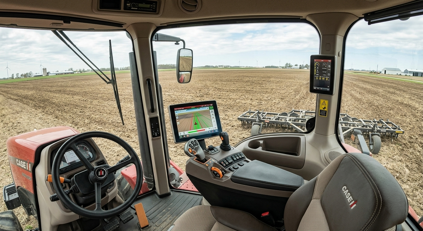 Tractor cab view: steering wheel, dashboard, touchscreen display showing field data, operator's seat, mirrors. Plow in background.