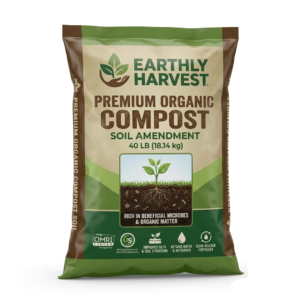 Brown and green bag reads "EARTHLY HARVEST PREMIUM ORGANIC COMPOST". Shows a sprout growing from dark soil. Text highlights beneficial microbes, improved soil, and water retention.