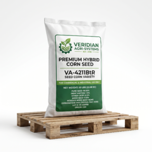 White bag of Verdian Agri-Systems premium hybrid corn seed, VA-4211Btr variety. Bag rests on a wooden pallet.