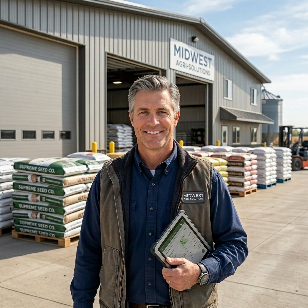 Man in vest holds tablet, stands in front of Midwest Agri-Solutions building with pallets of seed and a forklift visible.