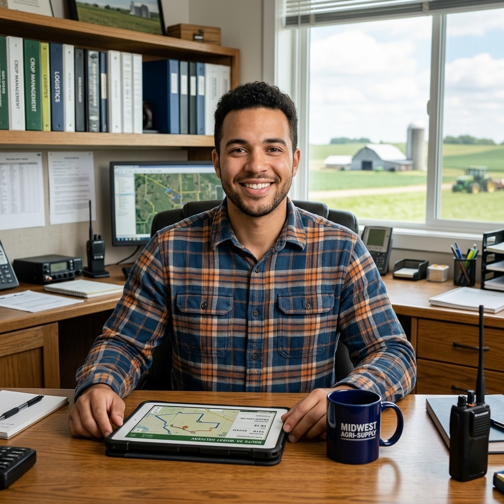 Man in plaid shirt smiles at camera. Desk with tablet, mug, pens, monitor of field data. Bookshelves behind.